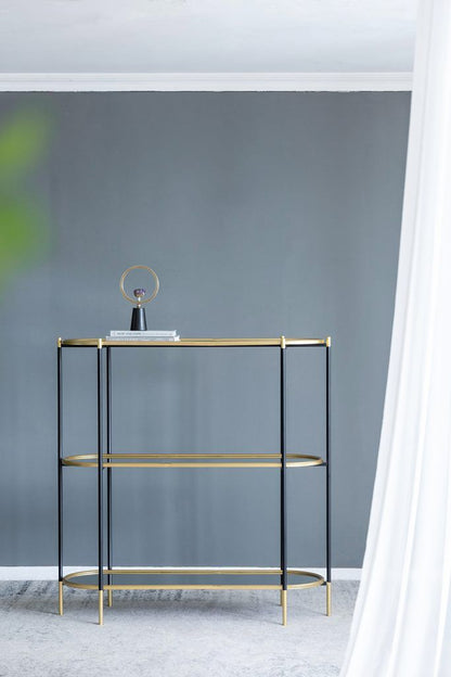 48.5x16.5x50" 3-Tier Metal Console Table Black Gold Mirrored Shelf - Front View