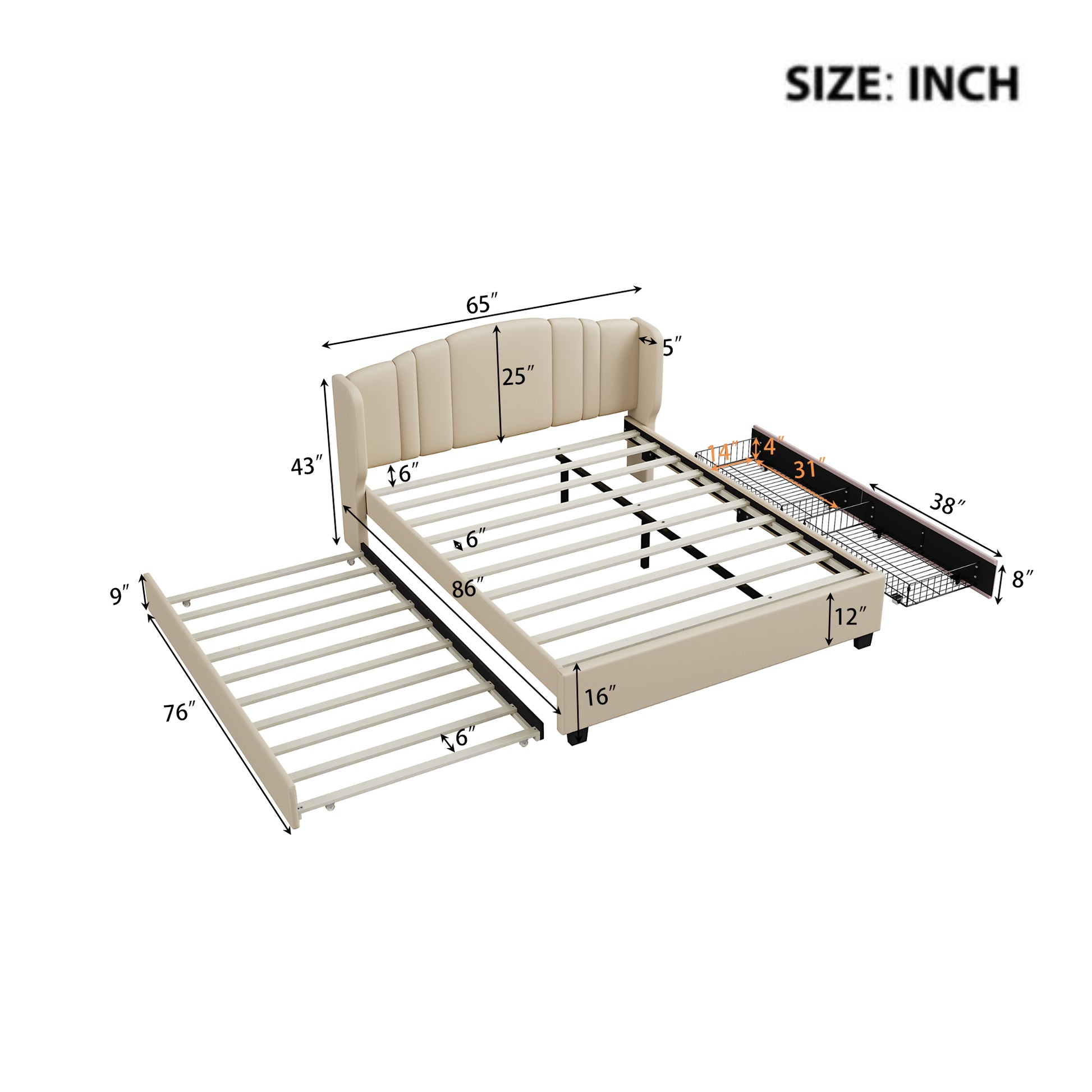 Upholstered Platform Bed with Wingback Headboard, One Twin Trundle and 2 Drawers, No Box Spring Needed, Linen Fabric, Queen Size, Beige image 8