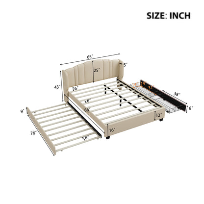 Upholstered Platform Bed with Wingback Headboard, One Twin Trundle and 2 Drawers, No Box Spring Needed, Linen Fabric, Queen Size, Beige image 8