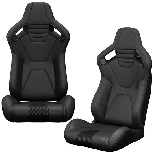 2PC New Universal Bucket Racing Seats Black Stitch Black PVC Leather Reclinable Carbon Look Leather Back With Adjustor Slider(Not Including Seat Bracket) 1 box of 2 pieces image 1
