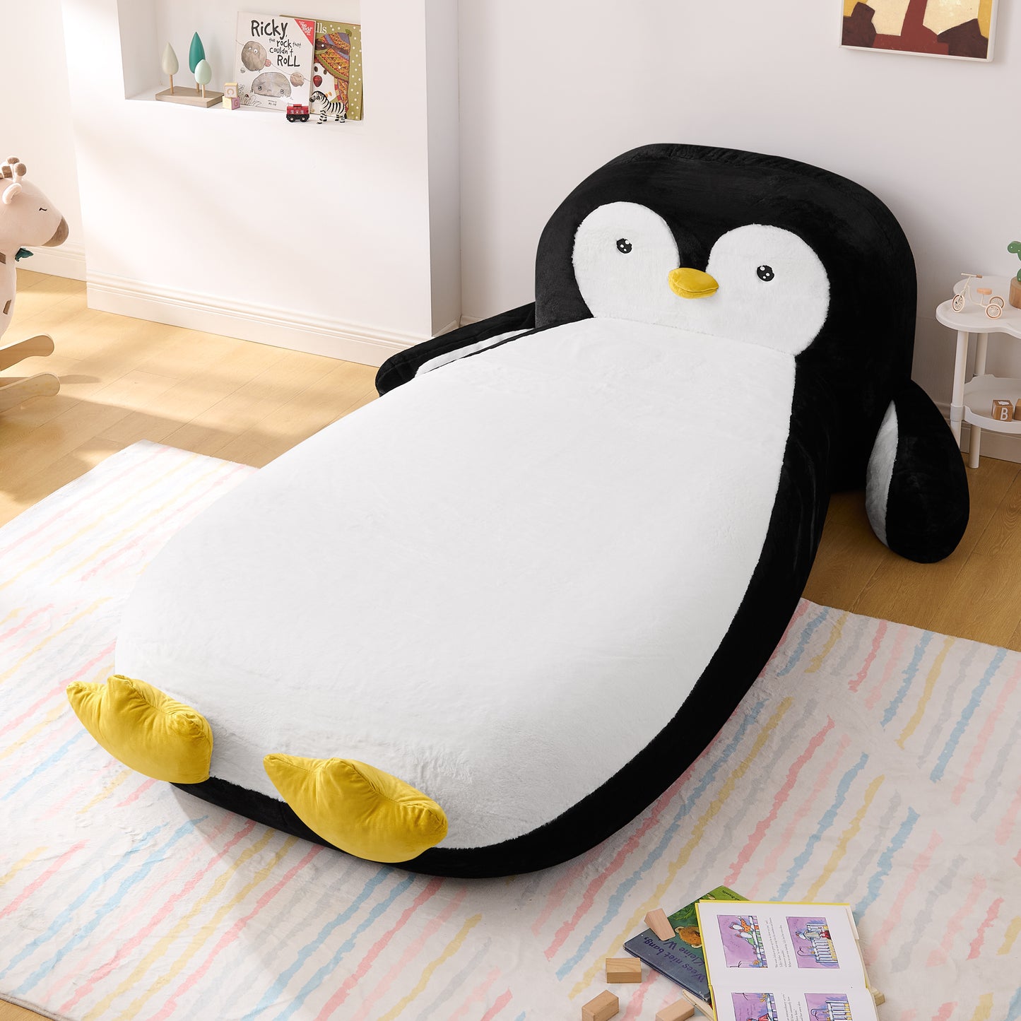 Twin Size Fluffy Faux Fur Penguin Shaped Bed Lounger Chair with 100% Sponge Filling for Kids Bedroom Playroom (88''x45''x29.5'') image 5