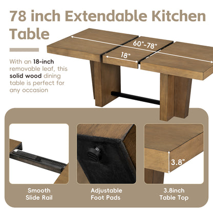 TOPMAX Farmhouse 78.1inch Extendable Wood Dining Table Set for 6, Kitchen Table Set with Bench and 4 Upholstered Chairs,3.8inch Thick Tabletop and Trestle Legs for Kitchen, Dining Room, Brown+Gray image 8