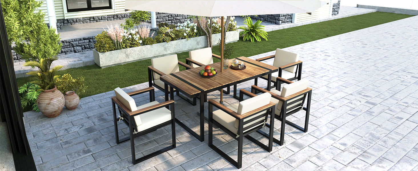 7 Pieces Outdoor Dining Set Patio Dining Table and Chair Set with and Removable Cushions for Patio, Backyard, Garden, Beige image 10