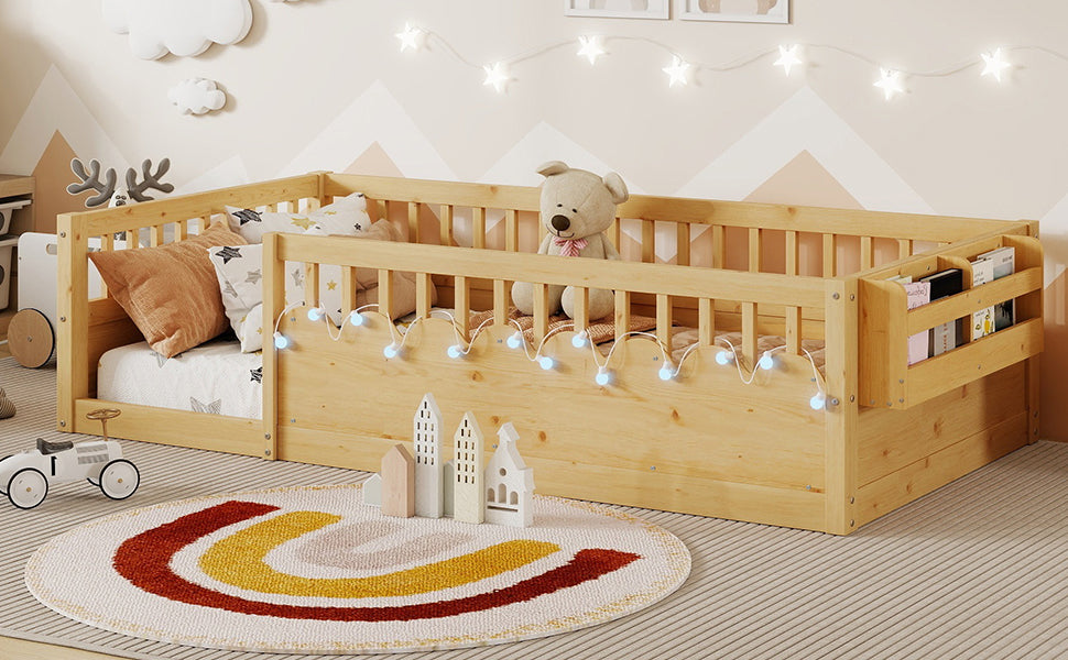 Twin Montessori Floor Bed Frame with High Rails, Wood Kids Floor Beds with Light and Storage Shelf, Natural (Expect Arrival Date 2025/8/15) image 9