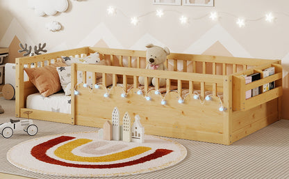 Twin Montessori Floor Bed Frame with High Rails, Wood Kids Floor Beds with Light and Storage Shelf, Natural (Expect Arrival Date 2025/8/15) image 9