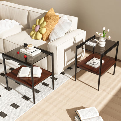 Set of 2 Rectangle End Table, Tempered Glass Tabletop with MDF layer, Modern Table for Living Room, Gray Glass image 2