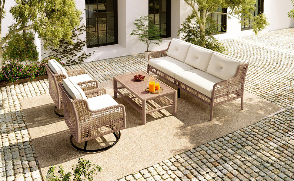 <Old SKU: N704G201247A> 4 Pieces Patio Furniture Set with Swivel Chairs, Outdoor Wicker Sofas for 5-person, Sectional Rattan Outdoor Conversation Set for Poolside Backyard Deck, Beige image 8