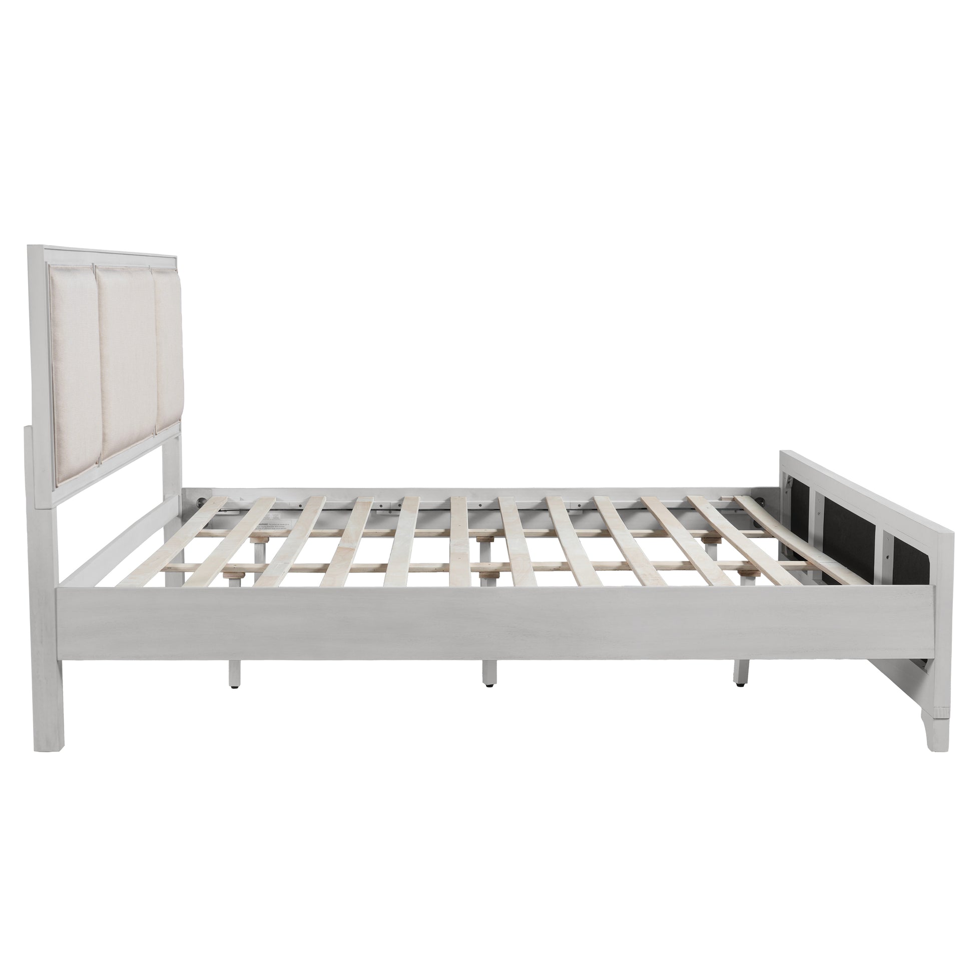 King Size Bed Frame with Upholstered Headboard, White Solid Wood & Beige Fabric, No Box Spring Needed, Modern Farmhouse Style image 9