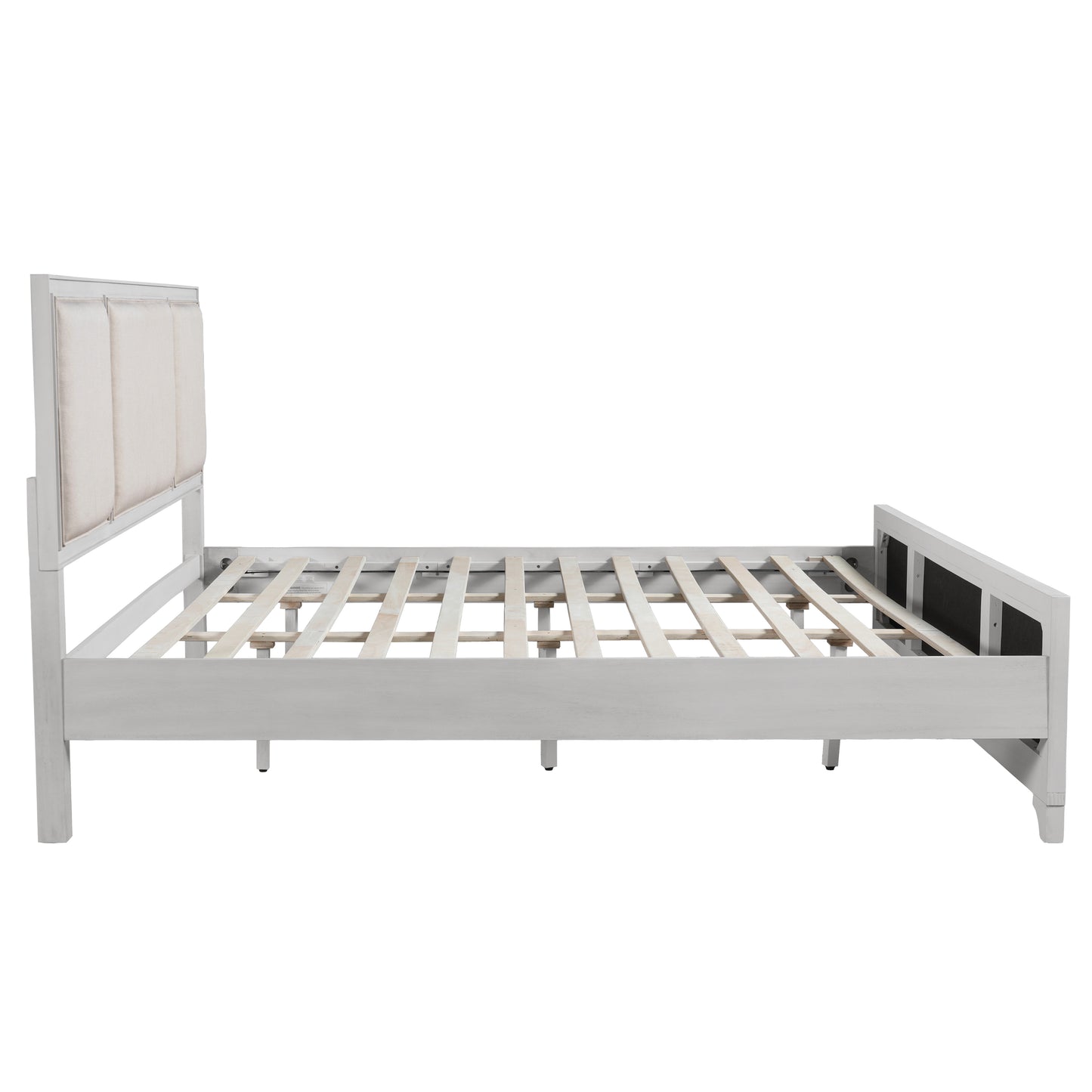 King Size Bed Frame with Upholstered Headboard, White Solid Wood & Beige Fabric, No Box Spring Needed, Modern Farmhouse Style image 9