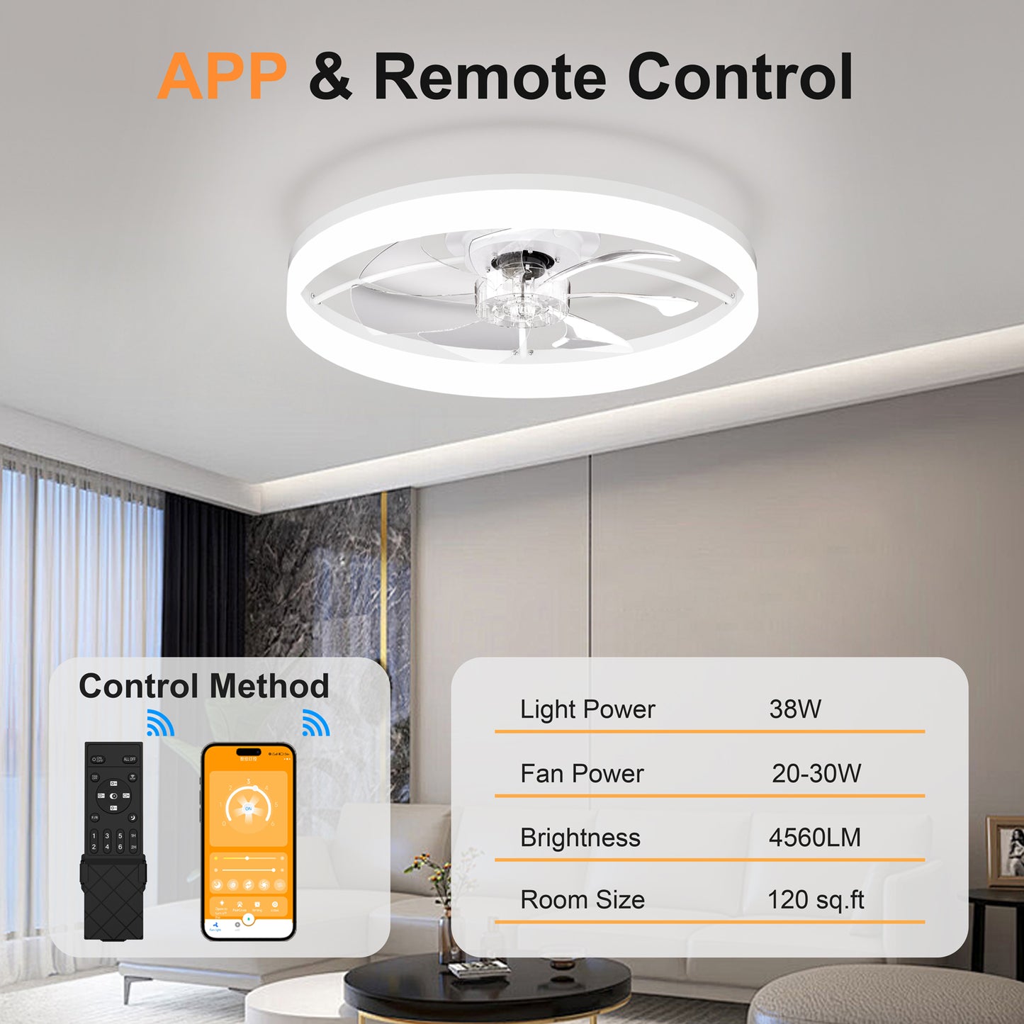 Ultra-Thin WHITE Ceiling Fan Light with Remote & App Control – 23.6'' Modern Flush Mount Fan Lamp, 6 Fan Speeds, Dimmable Brightness, 3000K-6500K Color Temperature for bedroom living room image 7