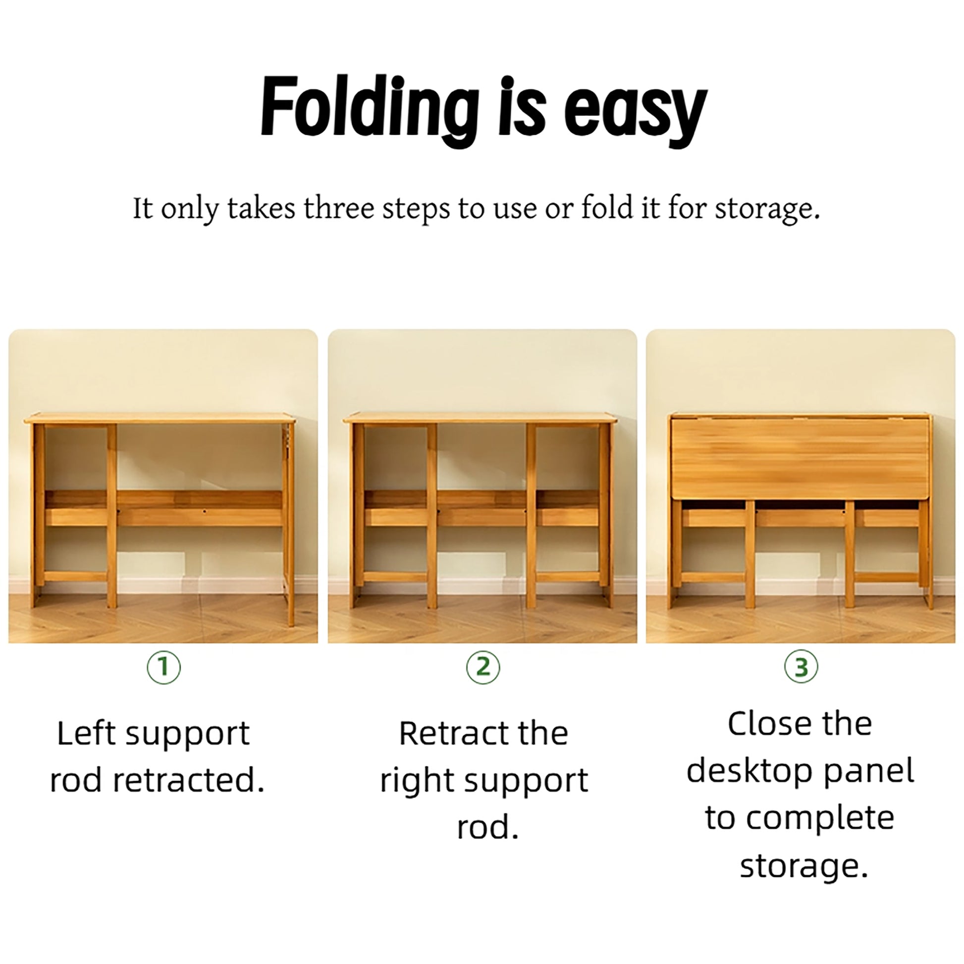 Bamboo Folding Desk, Space-Saving Computer Desk for Small Spaces, Foldable Study Table for Bedroom, Home Office, Dorm, Apartment, Natural Color image 8