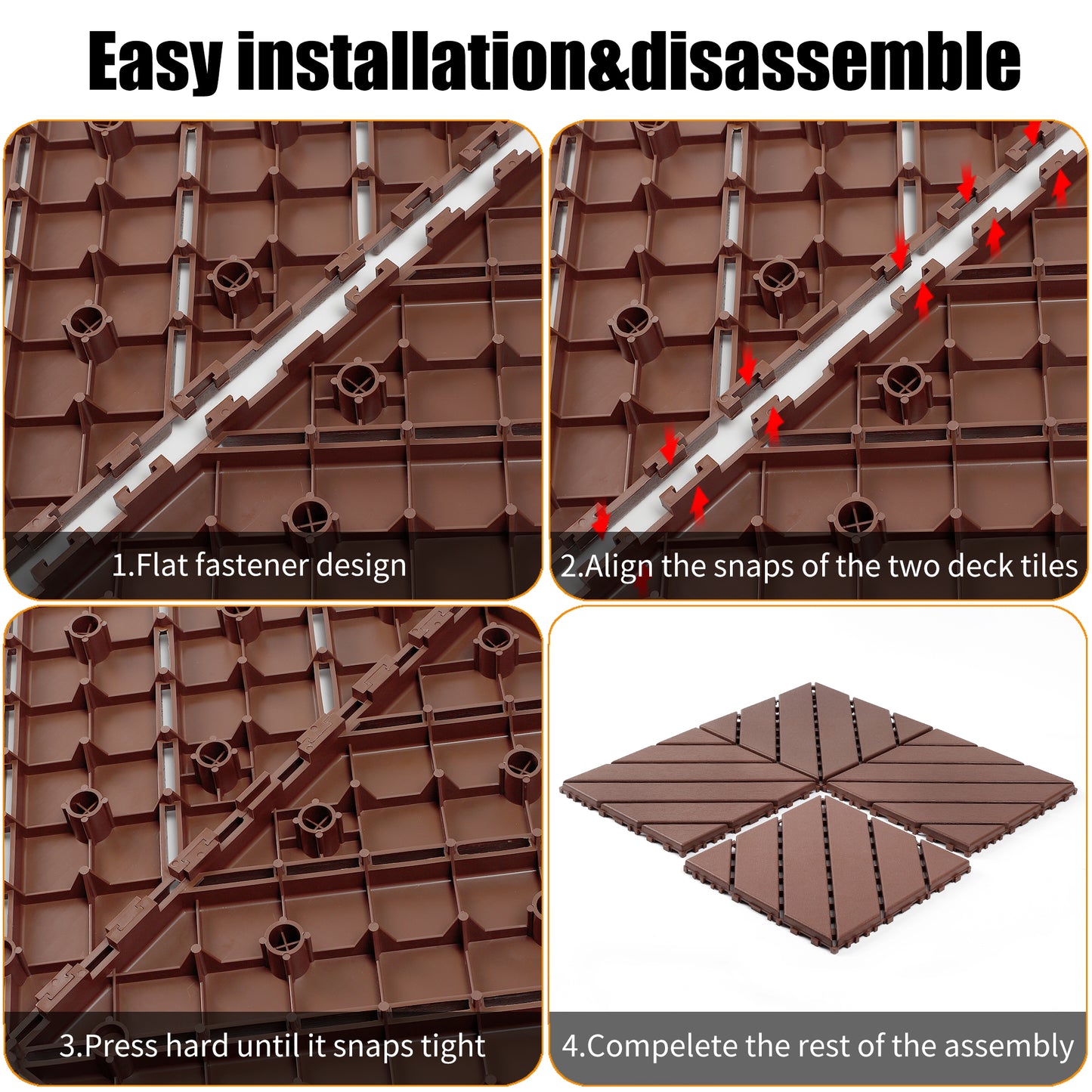Plastic interlocking decking tiles, 44 packs of terrace decking tiles, 12 inches x 12 inches waterproof for all-weather use, backyard pool decking tiles, Brown image 5