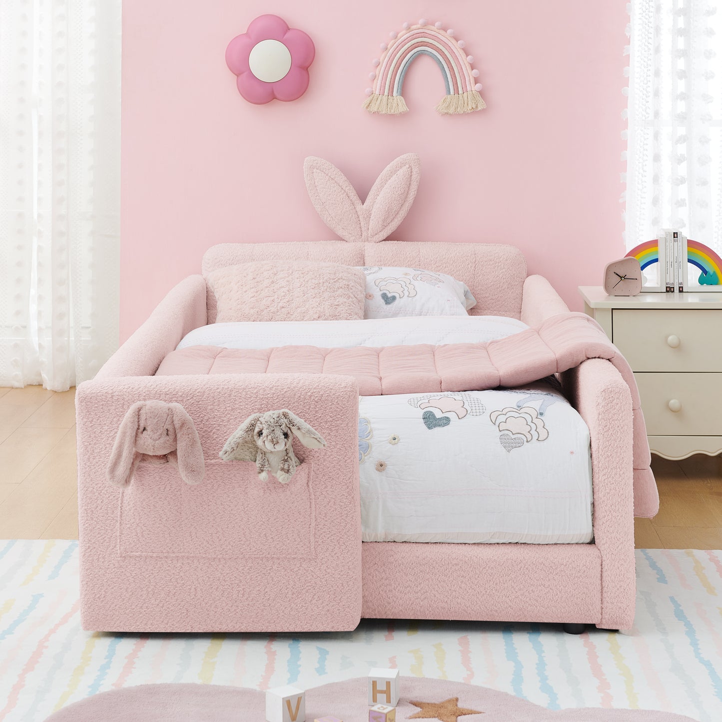 Twin Size Upholstered Platform Bed with Cute Rabbit Ear Shaped Headboard, with Safety Rail and Pocket, Boucle Fabric, Pink image 2