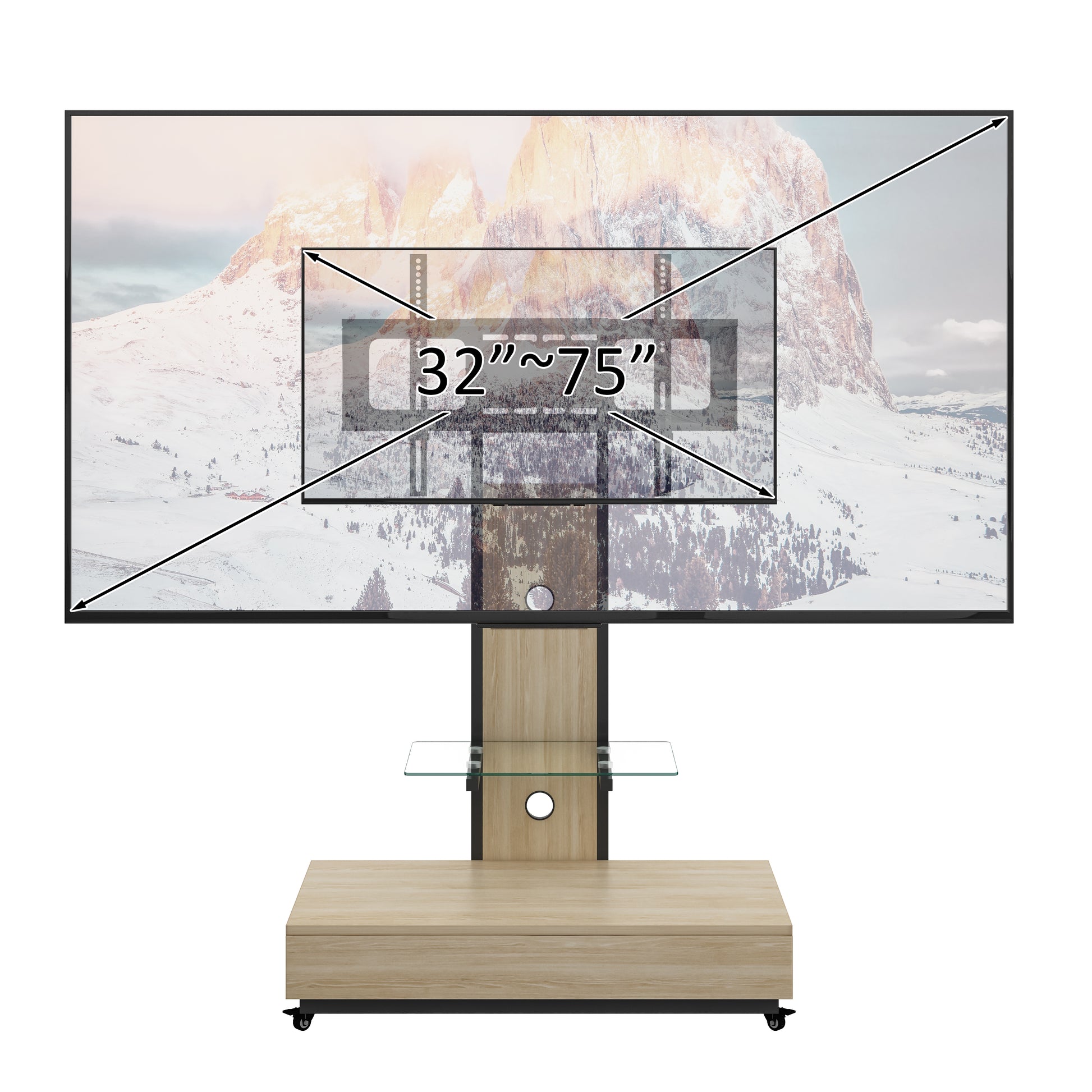 TV stand with push-pull drawer for Living Room, Bedroom,Offices,Mobile TV Cart for 32-75 inches,Wood &glass TV Stand,Floor Stand with Mount on Lockable Wheels,Natural image 7