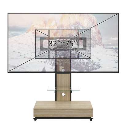TV stand with push-pull drawer for Living Room, Bedroom,Offices,Mobile TV Cart for 32-75 inches,Wood &glass TV Stand,Floor Stand with Mount on Lockable Wheels,Natural image 7