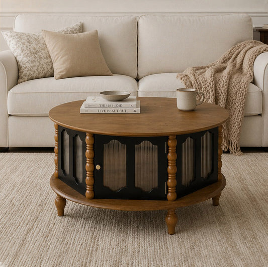 31.5" Round Wooden Coffee Table With Storage, Vintage Living Room Center Table with 3 Glass Doors, Carved Wood Legs, Mid Century Modern Coffee Tables For Living Room, Apartment, Office, Walnut + Black image 1