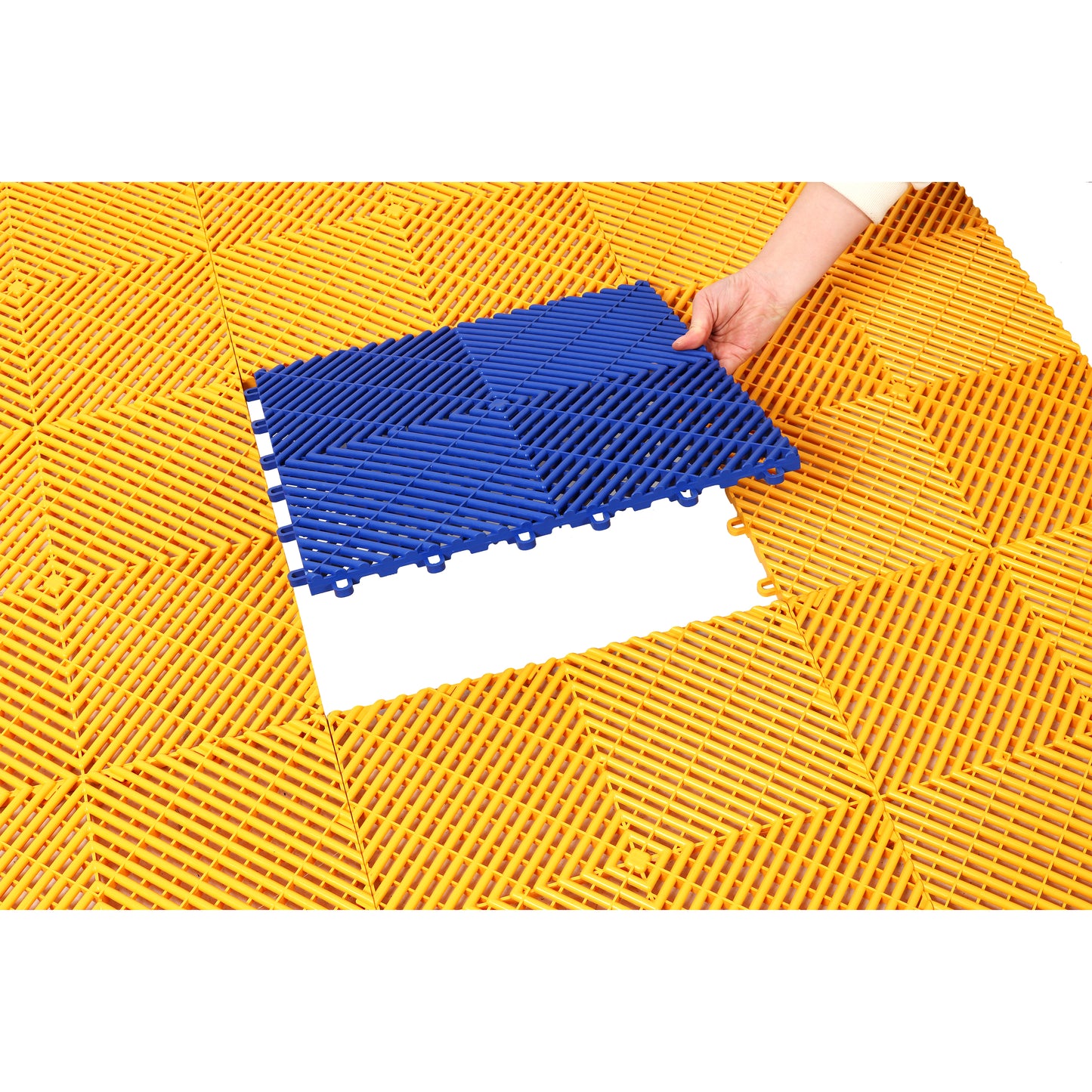 25pcs Plastic Garage Floor Mats,15.6"x15.6" Size,Non-Slip Interlocking Plastic Garage Floor Mat,Splicing Drainage Floor Tile and Shower Mat, for Garage, Garden, Kitchen & Outdoor, Yellow image 9