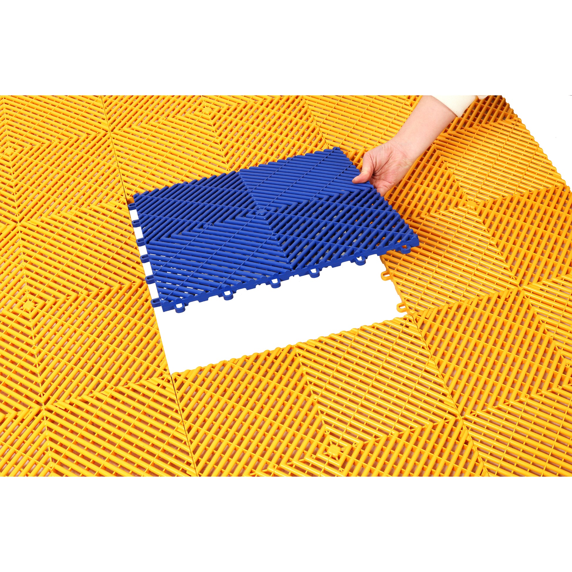 25pcs Plastic Garage Floor Mats,15.6"x15.6" Size,Non-Slip Interlocking Plastic Garage Floor Mat,Splicing Drainage Floor Tile and Shower Mat, for Garage, Garden, Kitchen & Outdoor, Yellow image 9