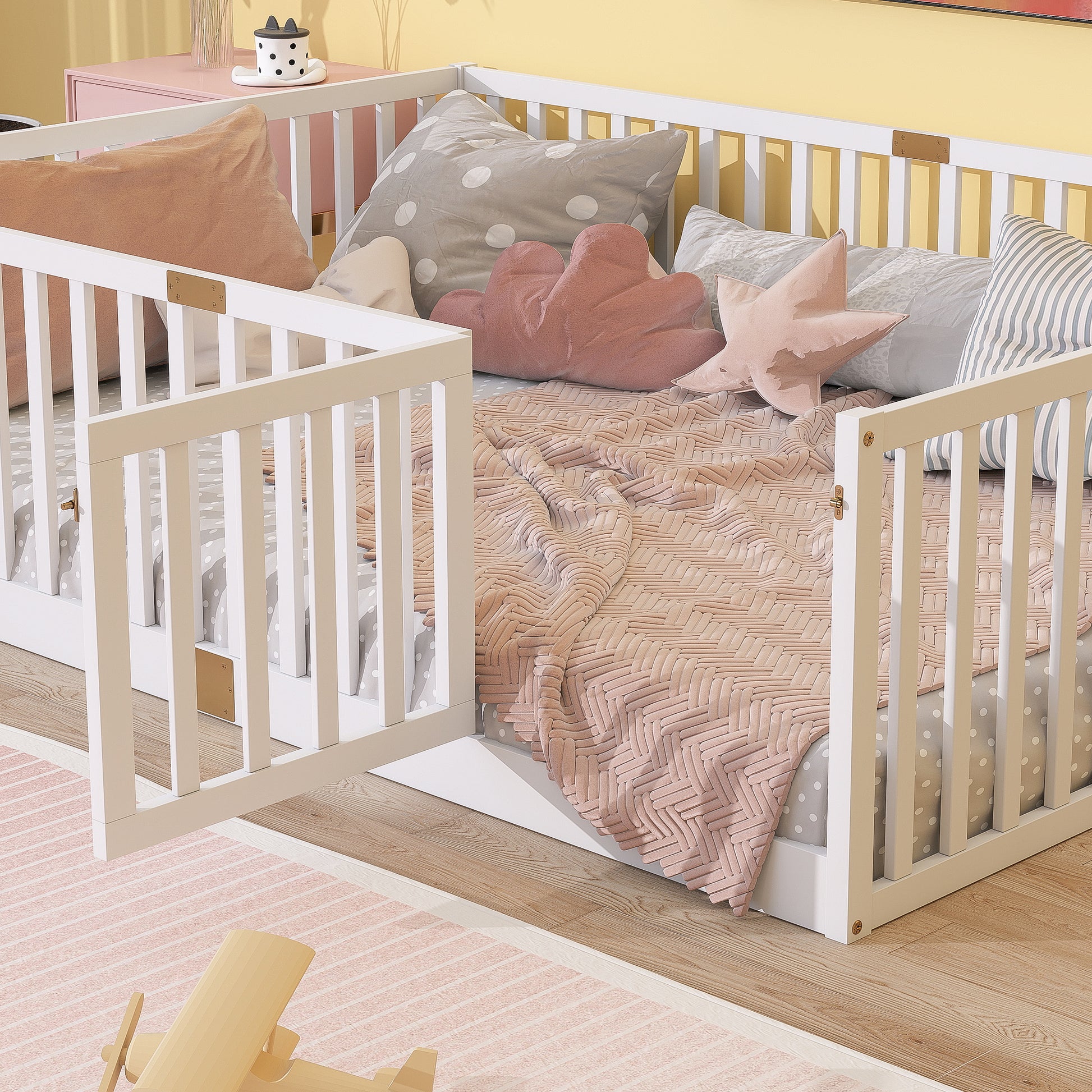 Full Size Floor Bed with High Fence Railings, with Door,6 Slats Included, Rubber Wood Floor Bed with Safety Guardrails,White image 4