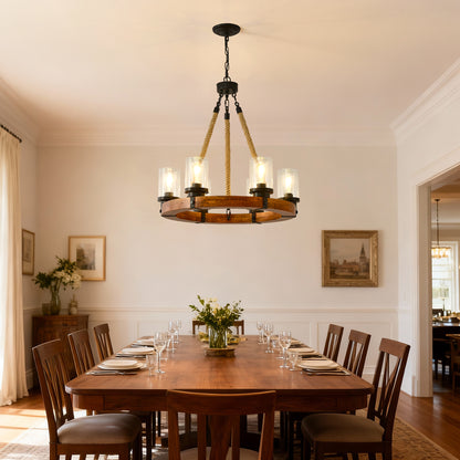 23.62 INCH Round Wood Pendant Light with Seeded Glass Shade, Rustic 6-Light Wagon Wheel Chandelier,Farmhouse Chandeliers for Dining Room Kitchen Island Foyer Entryway (8 Light)--NO INCLUDED BULBS image 12