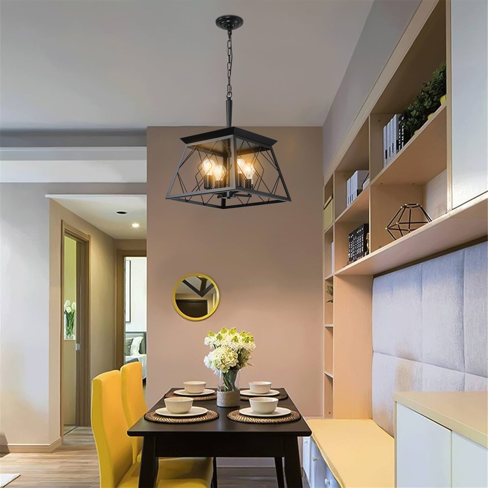 16" Black Industrial 4-Light Pendant Chandelier, Modern Metal Cage Design, Adjustable Hanging Light for Dining Room, Kitchen, Living Room (No Bulbs) image 2