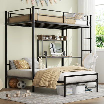 Bunk Bed Twin Over Twin Size with Desk and Charging Station L-Shaped Metal Bunk Bed with Storage Shelves and Bookcase Loft Beds with Safety Guardrail and Ladder for Teen,Black image 10