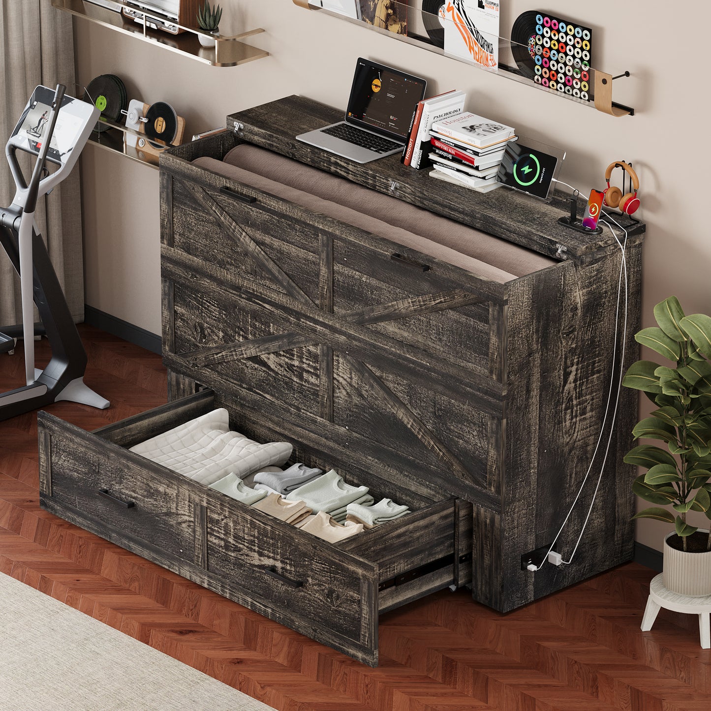 Queen Murphy Bed with Charging Station,Farmhouse Murphy Cabinet Bed with Large Storage Drawer,Hideaway Foldable Platform Bed for Guest Bedroom, Living Room, Office,Small Room,Pull out Bed,Rustic Grey image 5