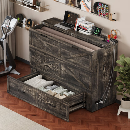 Queen Murphy Bed with Charging Station,Farmhouse Murphy Cabinet Bed with Large Storage Drawer,Hideaway Foldable Platform Bed for Guest Bedroom, Living Room, Office,Small Room,Pull out Bed,Rustic Grey image 5