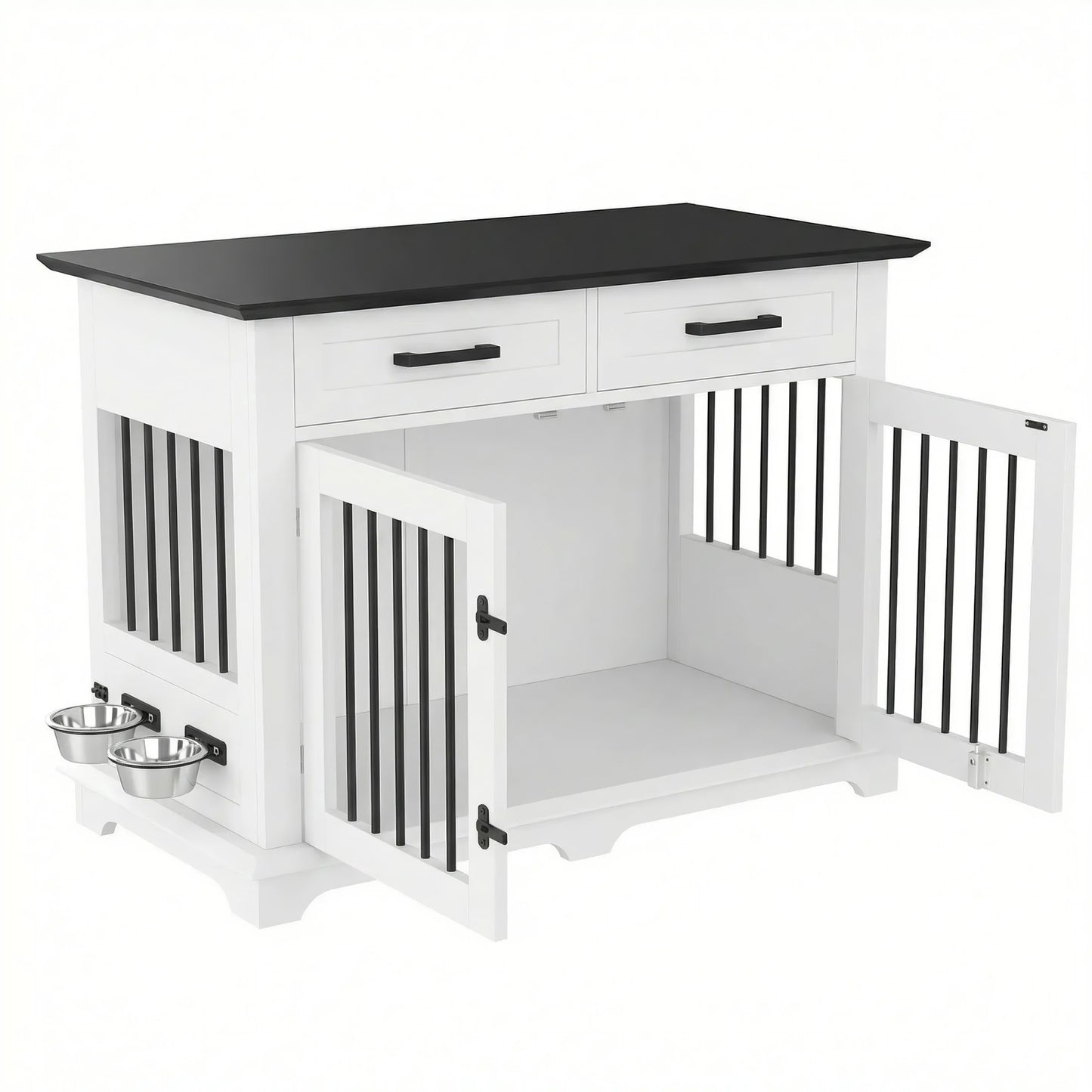 44.48" Large Dog Crate Furniture, Indoor Wooden Dog Kennel End Table with 2 Storage Drawers and Rotating Bowls, Decorative Pet Cage Dog House for Medium Dogs, White and Black image 9