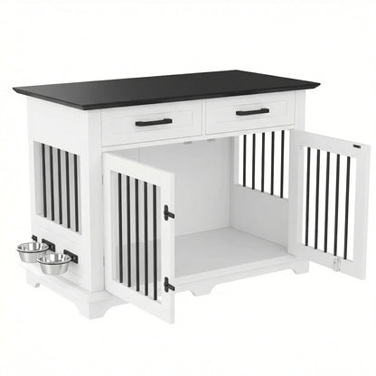 44.48" Large Dog Crate Furniture, Indoor Wooden Dog Kennel End Table with 2 Storage Drawers and Rotating Bowls, Decorative Pet Cage Dog House for Medium Dogs, White and Black image 9