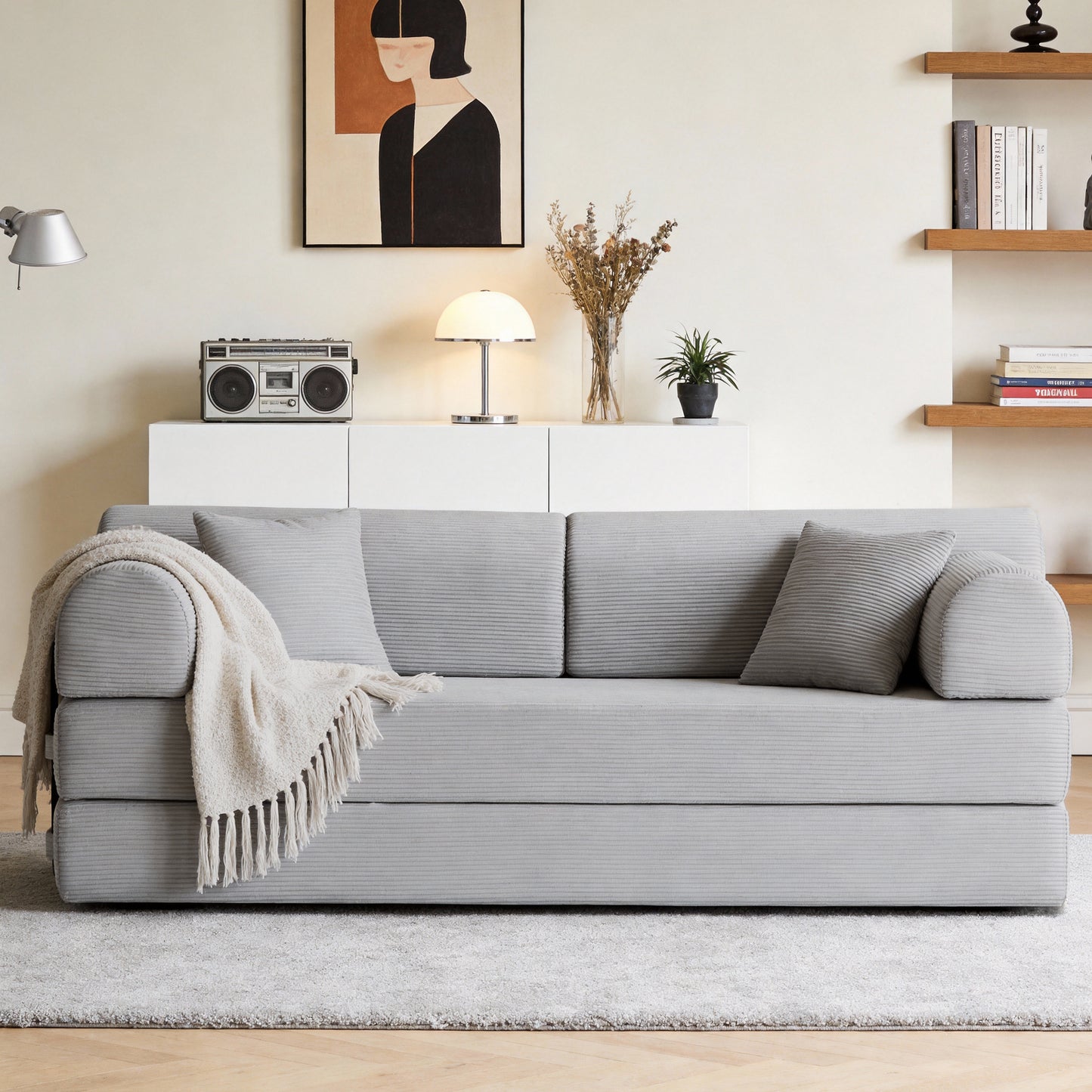 Convertible Sleeper Sofa Bed,Corduroy Folding Mattress Couch with Fixed-Shape Frame, Floor Sofa Lounge Couch for Living Room Bedroom(Light Gray) image 2