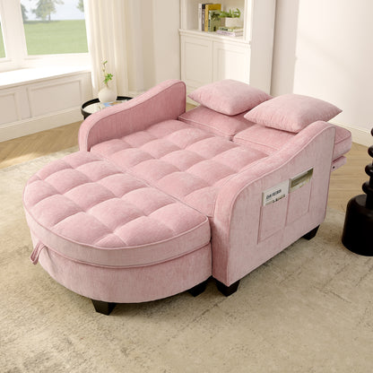 Two-seater sofa, double sofa chaise longue, with irregular armrests and backrests, footrest with storage space, comes with two small throw pillows, suitable for living room and bedroom -Pink image 2