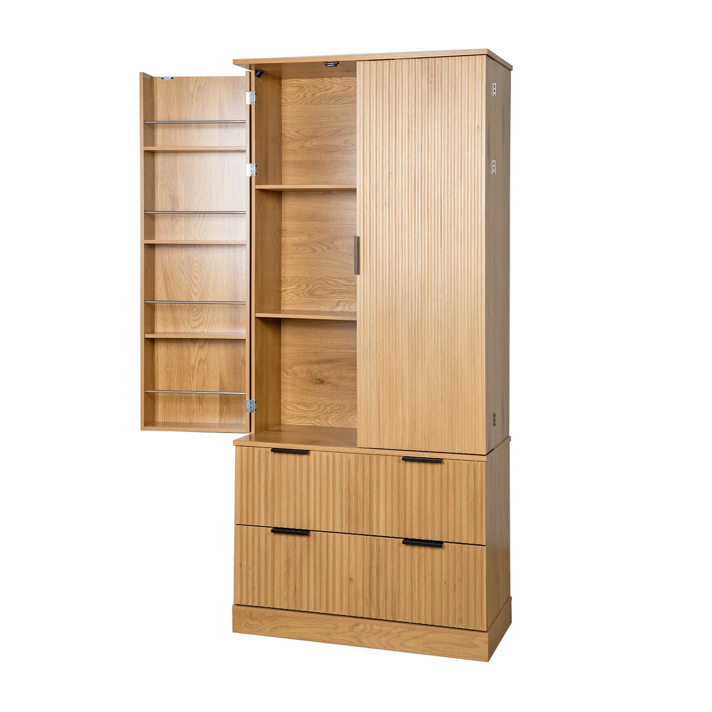72" Modern Fluted Kitchen Pantry Cabinet with 2 Large Drawers & 8-Door Spice Rack, Freestanding Storage Organizer for Bathroom, Dining Room, Office, Entryway, Oak image 12