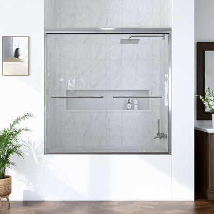 56"-60"W*60" H Semi-Frameless Double Sliding Shower Door, Bypass Shower Door, 1/4" (6mm) Thick SGCC Tempered Glass Door,Chrome image 2