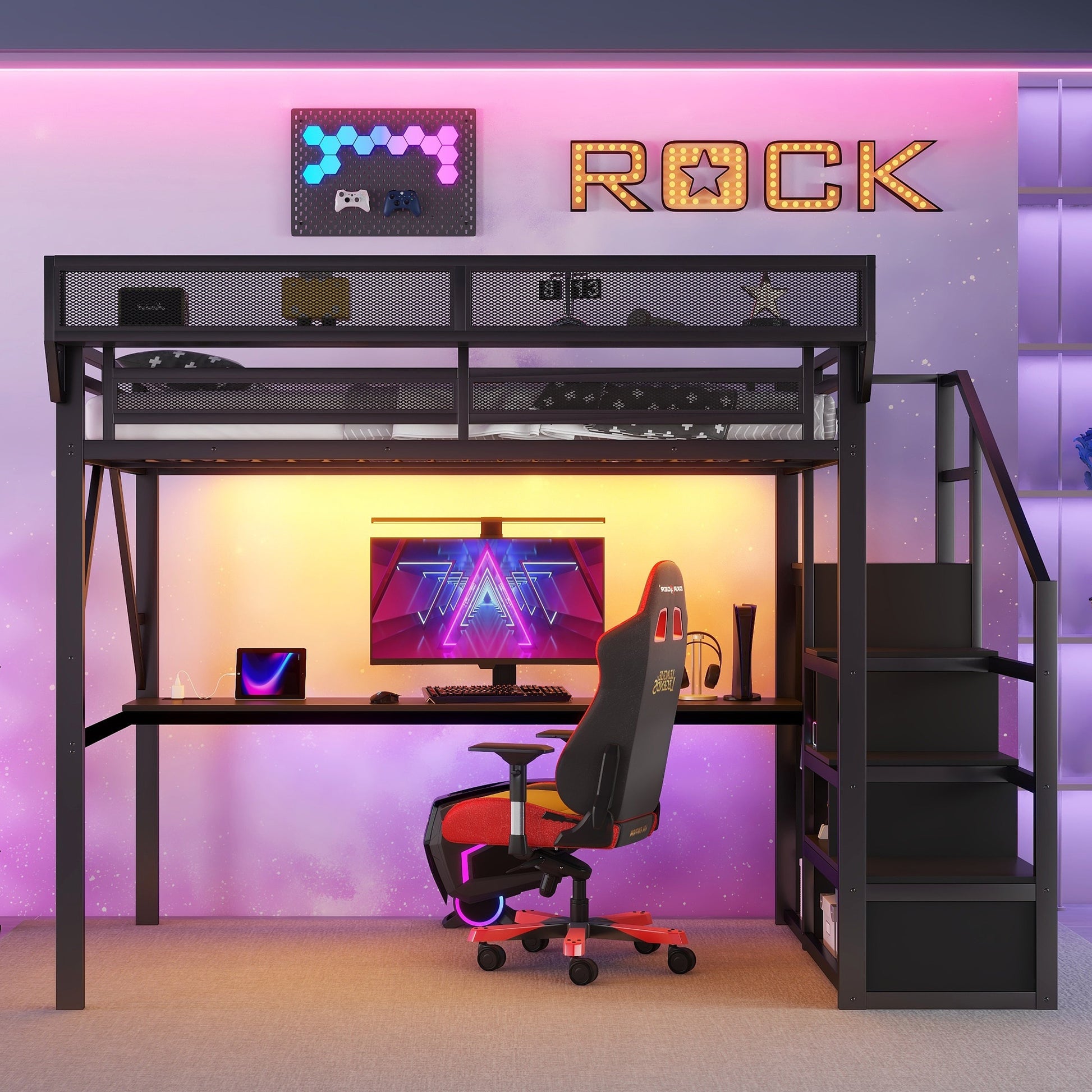 Full Loft Bed with Desk and Charging Station, Full Size Metal Loft Bed with Stairs and Light for Kids Teens, Black image 2