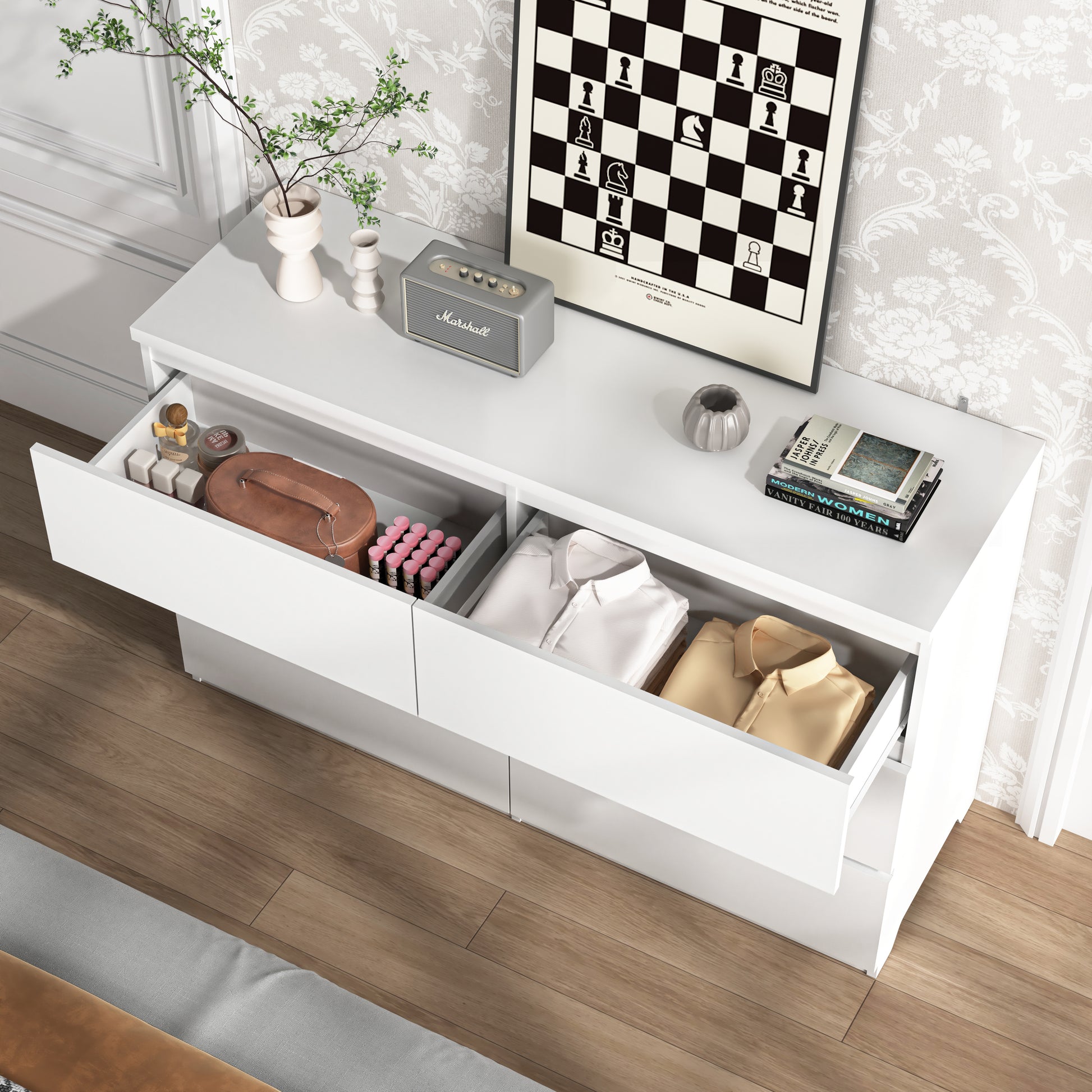 6 Drawer Storage Cabinet,Dresser, Wood Storage Tower Clothes Organizer, Wide Chest of 6 Drawers, Large Storage Space for Bedroom, Hallway, Entryway Living Room White image 7