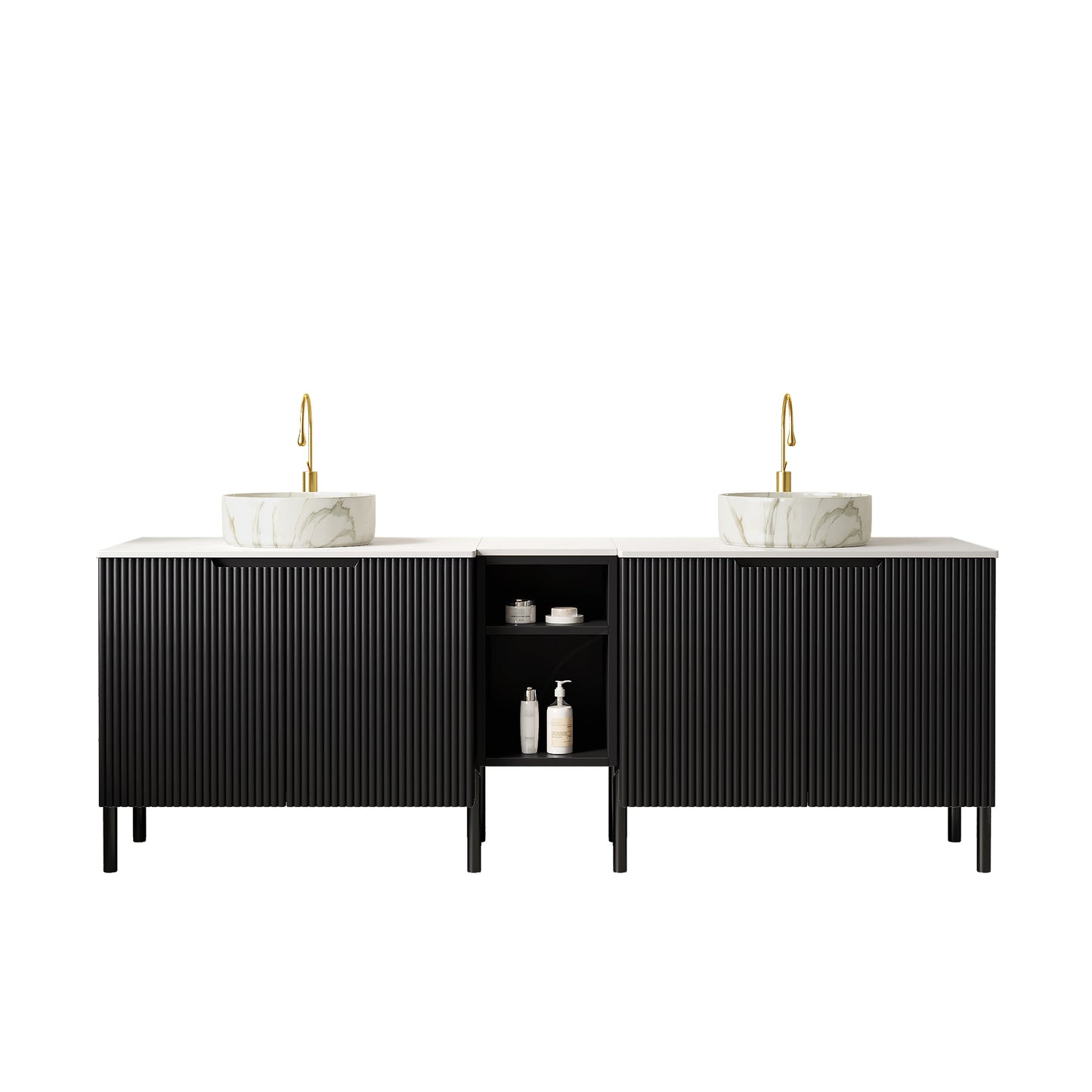 TURIO 72" Freestanding Double Bathroom Vanity with Sinks, 2x30" Striped Storage Cabinets + 12" Removable Open Shelf, 2 White Round Stone Pattern Vessel Basins with Carrara White Countertop, Black image 3