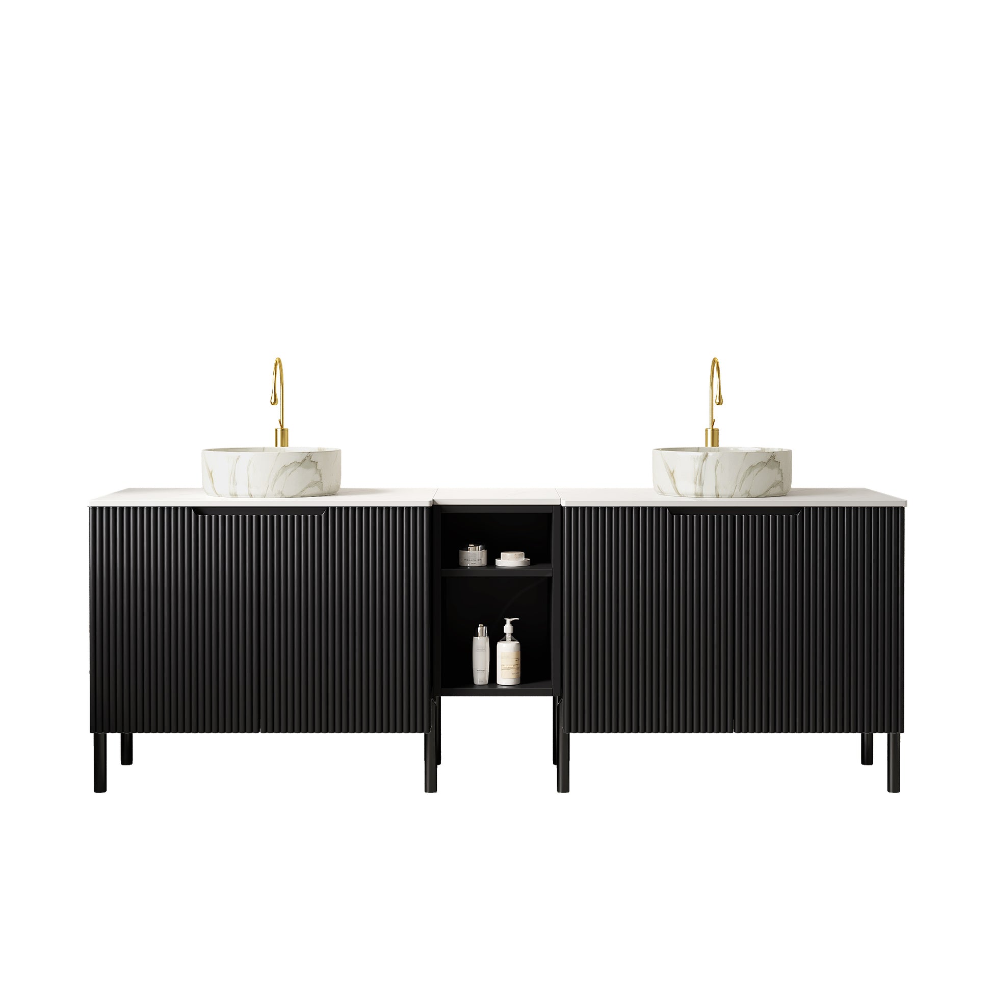 TURIO 72" Freestanding Double Bathroom Vanity with Sinks, 2x30" Striped Storage Cabinets + 12" Removable Open Shelf, 2 White Round Stone Pattern Vessel Basins with Carrara White Countertop, Black image 3