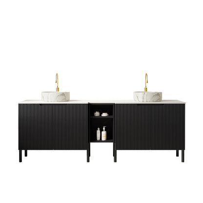 TURIO 72" Freestanding Double Bathroom Vanity with Sinks, 2x30" Striped Storage Cabinets + 12" Removable Open Shelf, 2 White Round Stone Pattern Vessel Basins with Carrara White Countertop, Black image 3