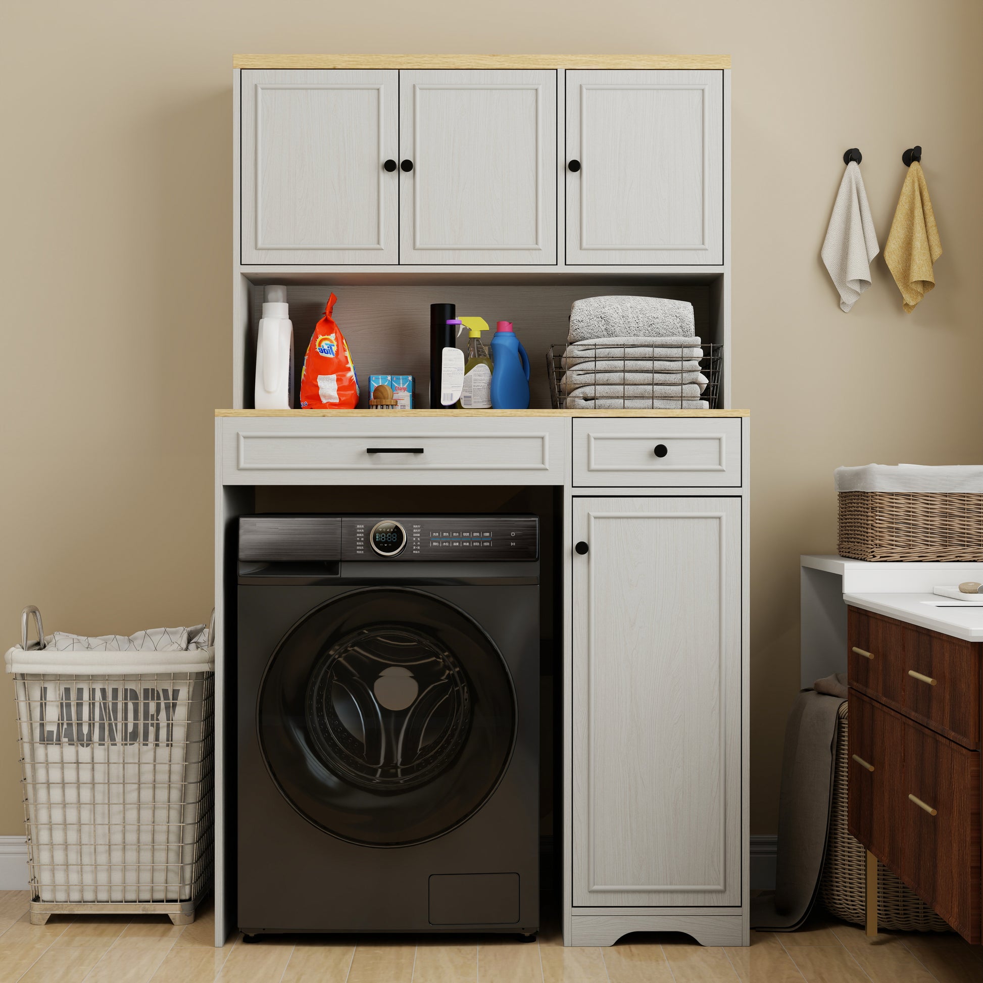 Over the Washer, Dryer and Robot Vacuum Storage Cabinet suitable for Compact Washing Machines, Laundry Room Storage Organizer with 1 Laundry Basket, 1 Drawer and 2 Adjustable Shelves-Antique White image 2