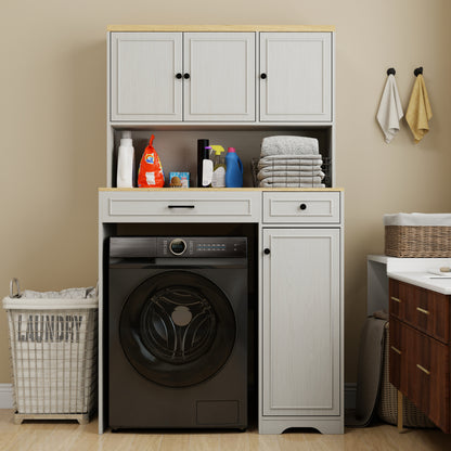 Over the Washer, Dryer and Robot Vacuum Storage Cabinet suitable for Compact Washing Machines, Laundry Room Storage Organizer with 1 Laundry Basket, 1 Drawer and 2 Adjustable Shelves-Antique White image 2
