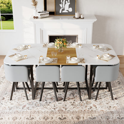 9-Piece Square Dining Table Set, Fixed White Faux Marble & Wood Grain Triamine Tabletop with 8 Gray PU Leather Chairs, Modern Kitchen Table Set for 8 People, Ideal for Family Gatherings, Dining Room image 3