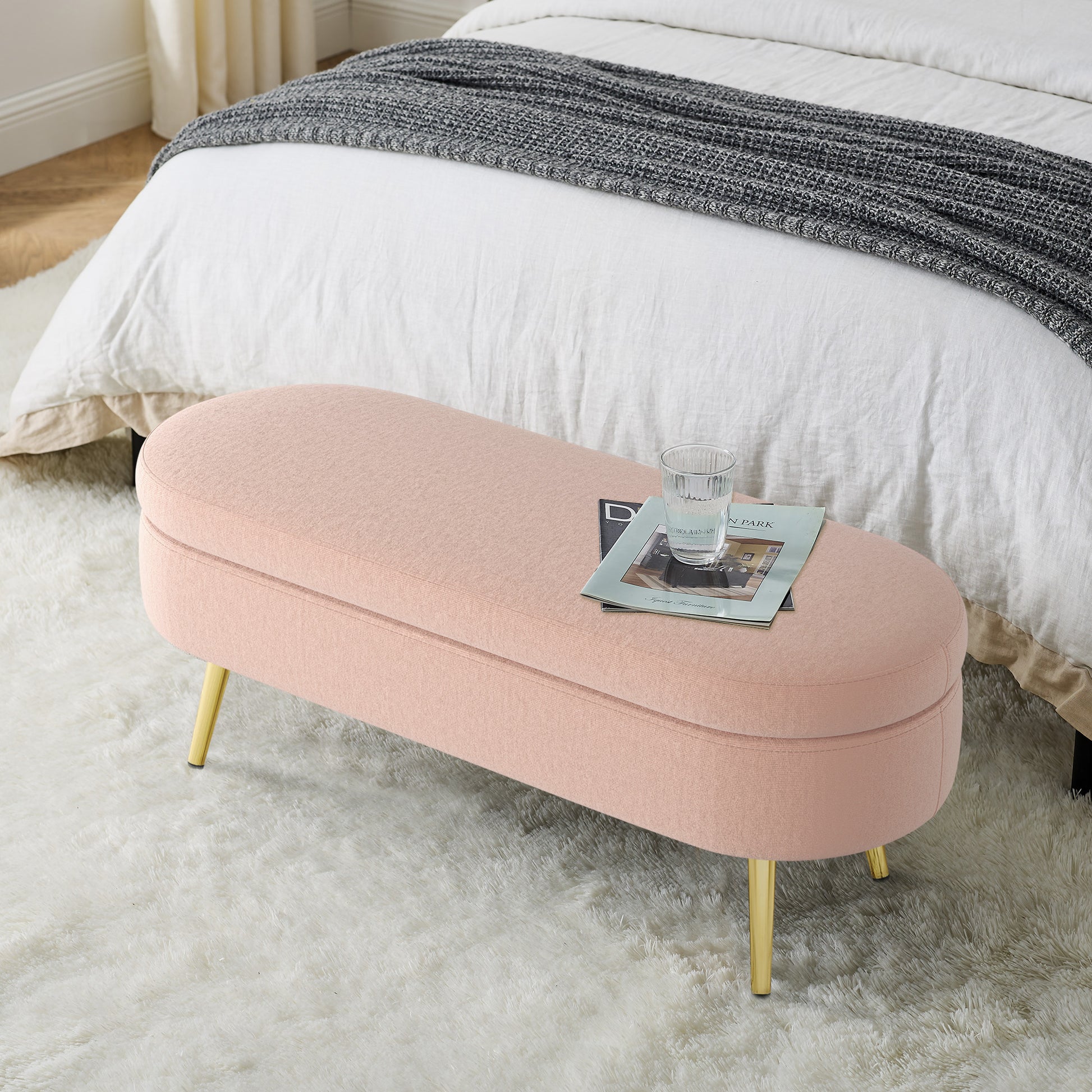 Ottoman Oval Storage Bench, Flannel with Metal Legs-Pink(43.5"x16"x16") image 3