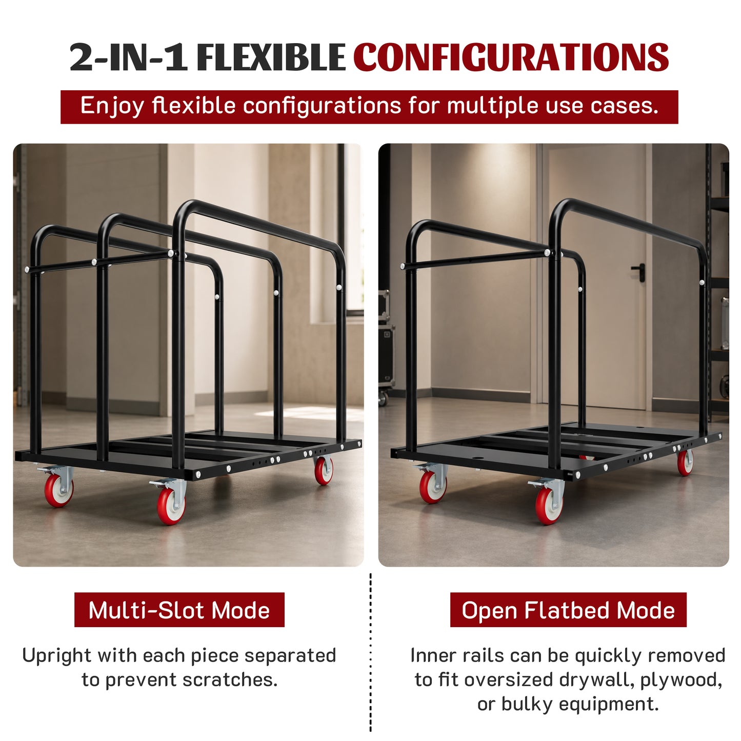 2000LBS Heavy Duty 2-in-1 Table Dolly, Adjustable Furniture Mover Cart with Multi-Slot & Flatbed Modes, 360° Swivel PU Wheels, Dual Brakes – For Drywall, Plywood, Equipment image 7