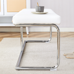Stylish White Leather Shoe Changing Stool with Silver Metal Legs