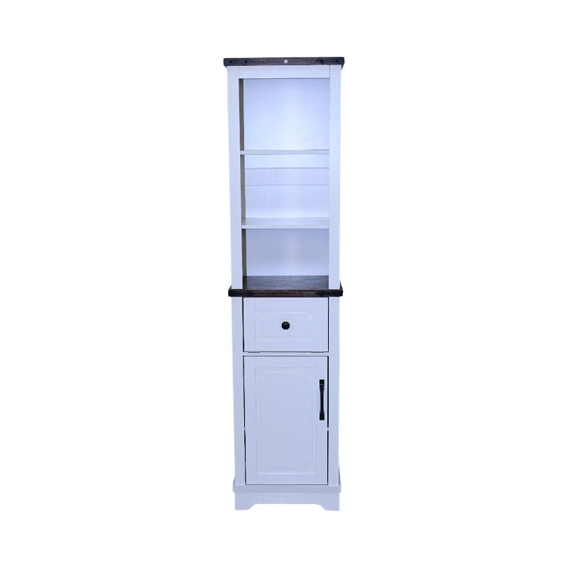 Tall bathroom storage cabinet white black walnut side angle