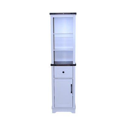 Tall bathroom storage cabinet white black walnut side angle
