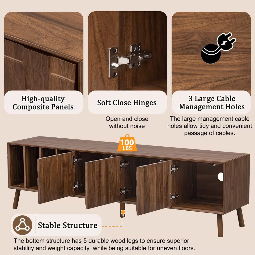 68" Mid-Century Modern TV Stand, Media Console Table for TVs up to 75'', Entertainment Center with 5 Solid Wood Legs for Living Room, Bedroom image 6