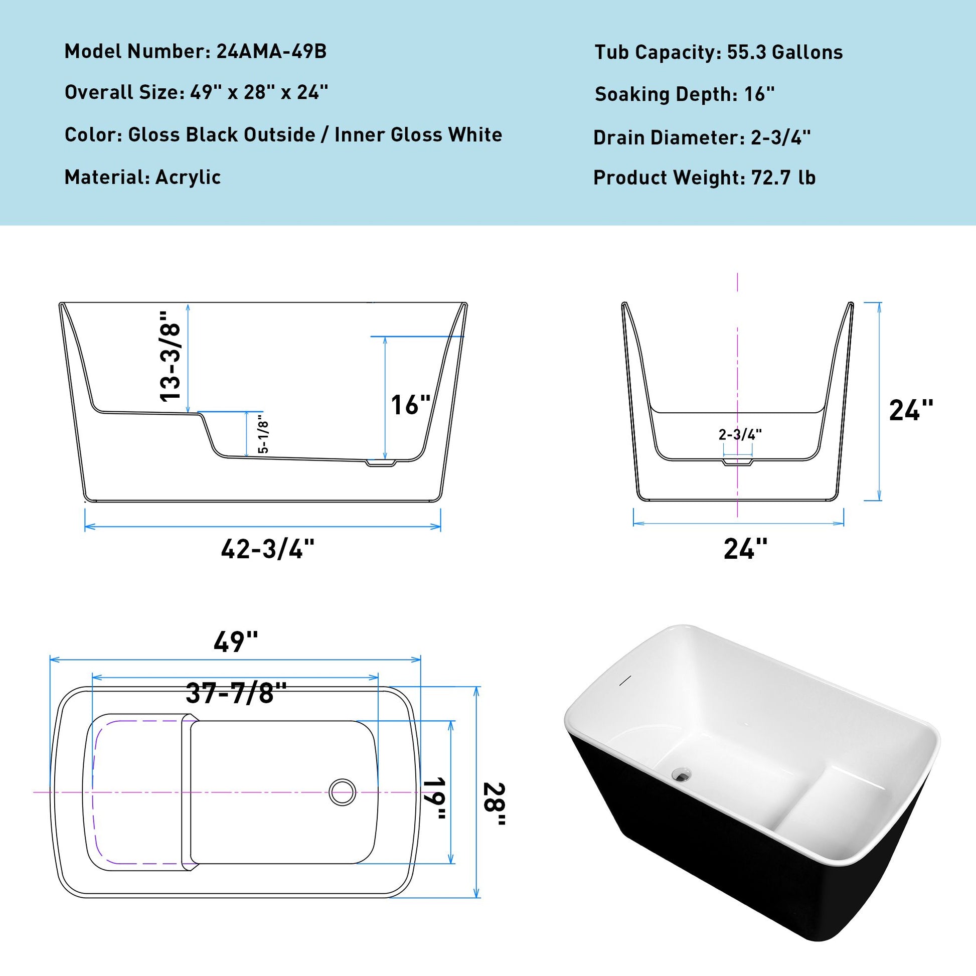 49'' x 28'' Acrylic Freestanding Soaking Bathtub, Square-shape Japanese Soaking Hot Tub, Sit-In Design with Chrome Overf image 2