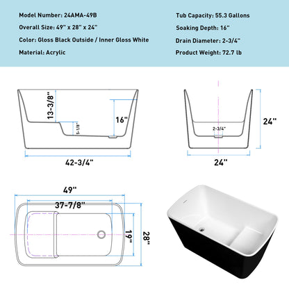 49'' x 28'' Acrylic Freestanding Soaking Bathtub, Square-shape Japanese Soaking Hot Tub, Sit-In Design with Chrome Overf image 2